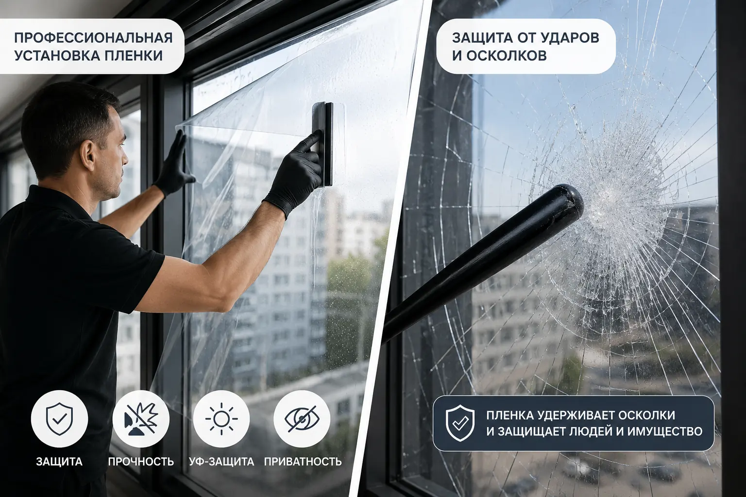 Профессиональная установка защитной плёнки и пример удержания разрушенного стекла